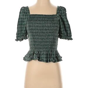 J Crew Smocked Plaid Top Puffy Sleeve Green Size Medium